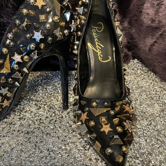 Black Leather Gold Studded Stilettos - Picture 2 of 5